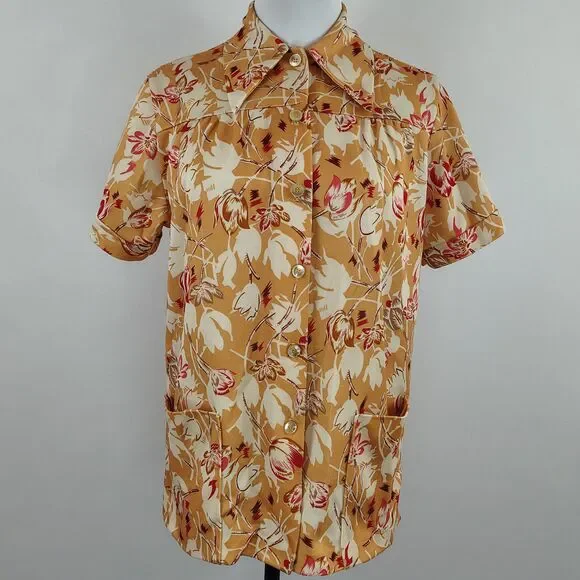 Vintage 70s No Brand Tag Yellow Floral Top Funky Groovy - Picture 5 of 9